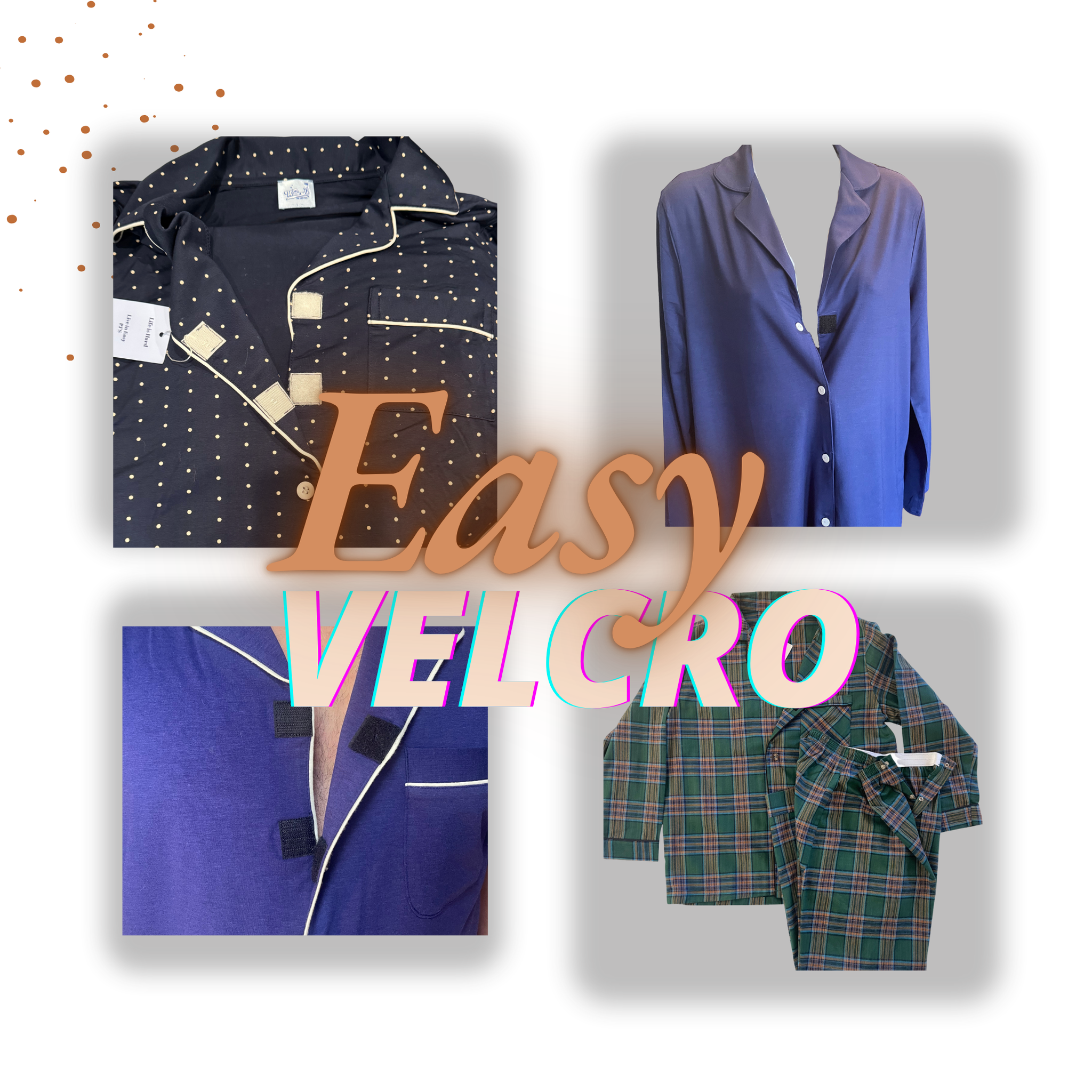 Wholesale Disability Velcro and Magnetic adaptive pajamas for men and women shown in bamboo, birch viscose and flannel.