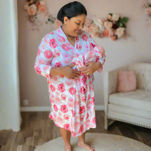 variant::Peonies on White  woman wearing maternity robe with print peonies on white andher baby in the same printed swaddle and headband
