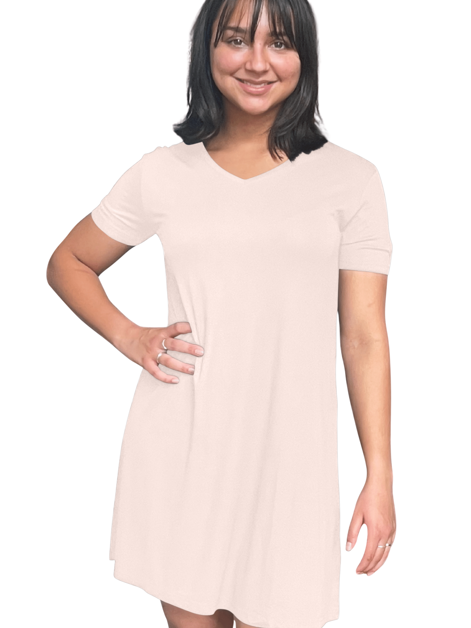 Woman in her 50's in a Bamboo Nightshirt/ Nightgown in blush, White background variant::  blush