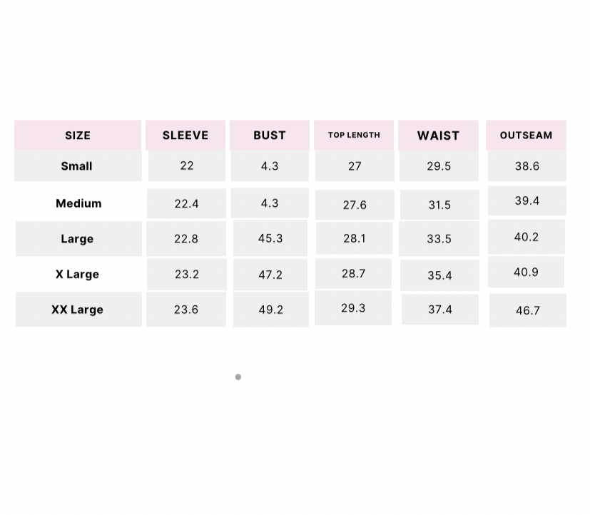 variant::all The size chart for adaptive long sleeve bamboo pajamas.