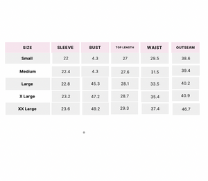 variant::all The size chart for adaptive long sleeve bamboo pajamas.