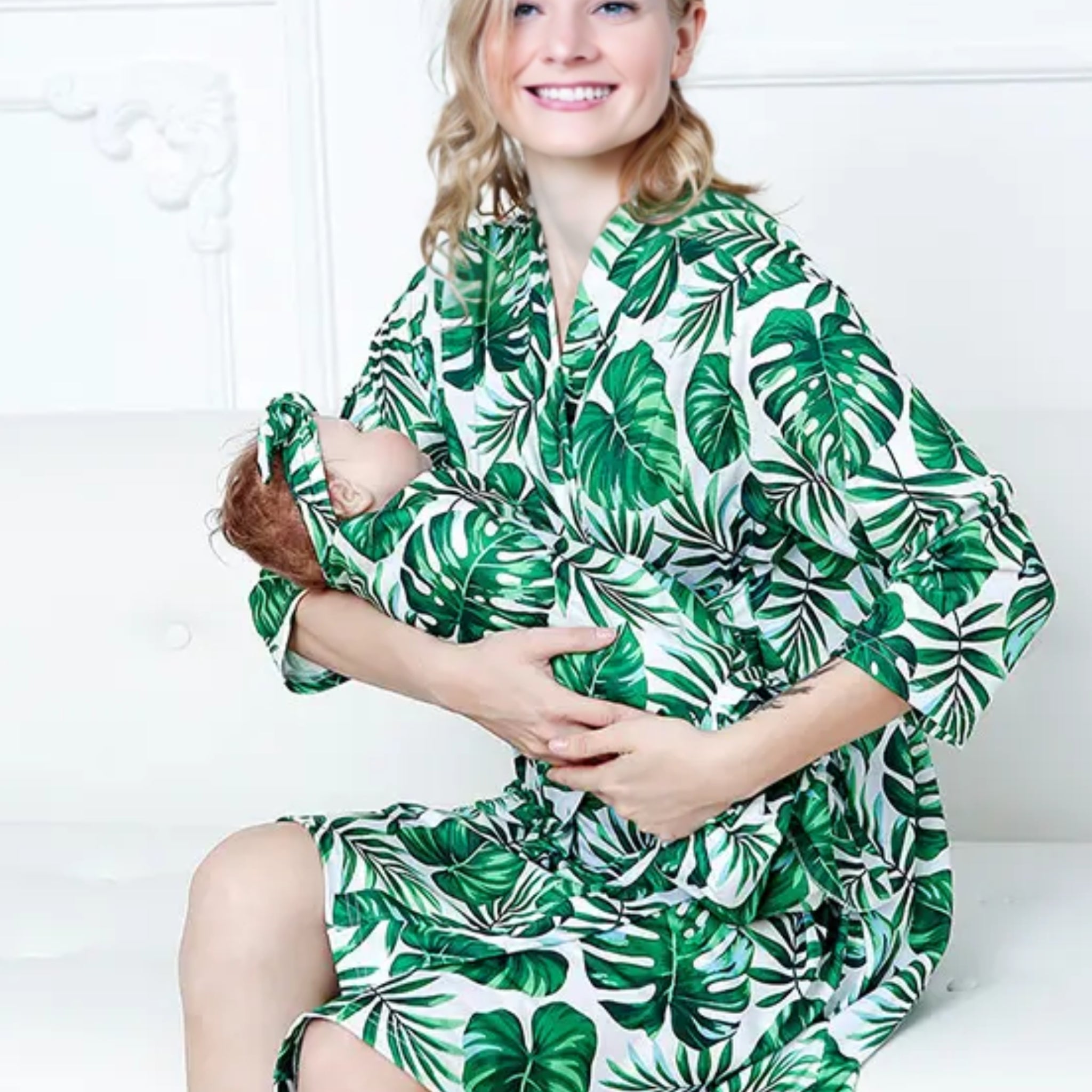 Maternity Matching Robe & Swaddle Set w. Headband Tropical Greens