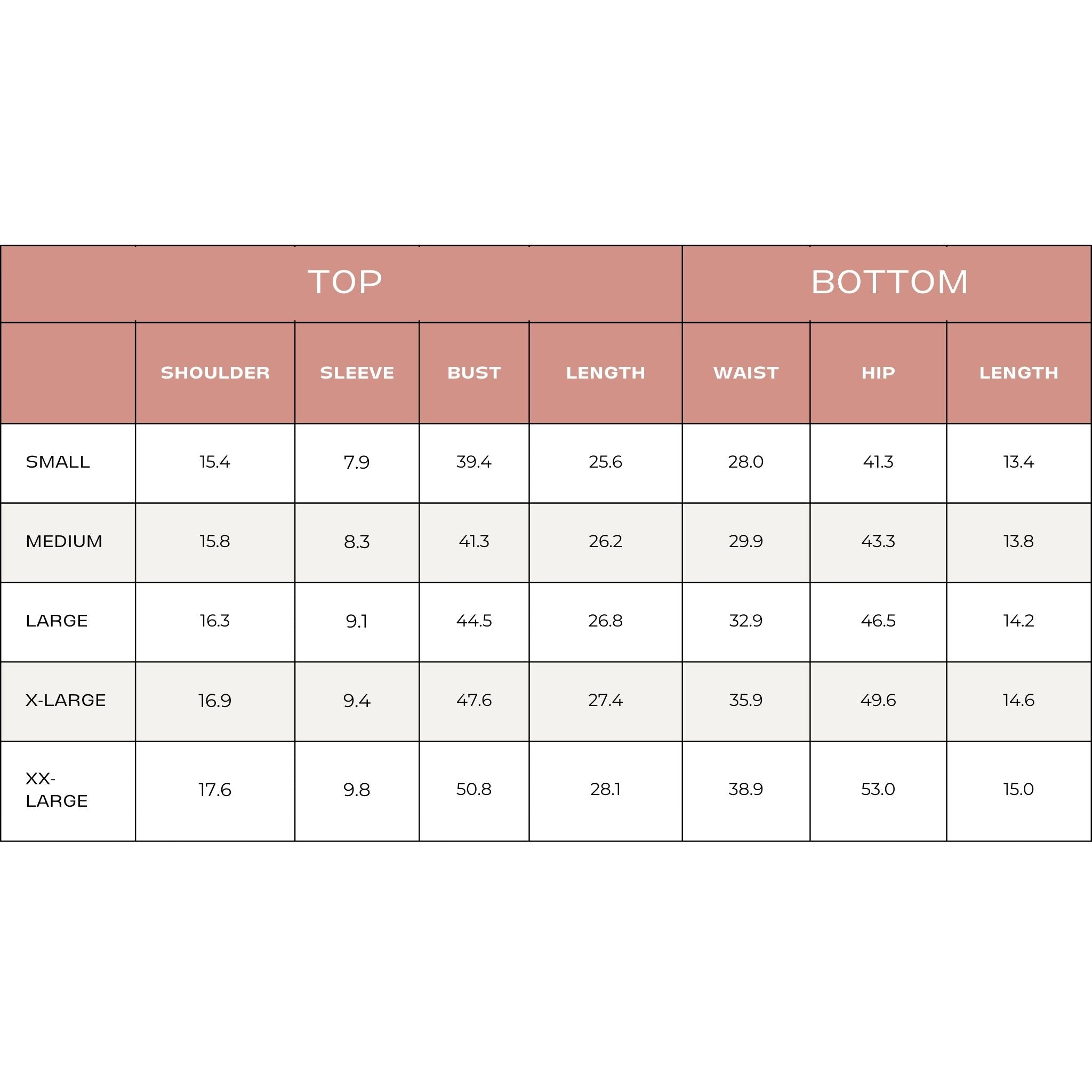Size chart for pickleball bamboo pajama shorty set.
