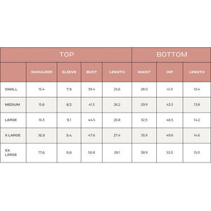 Size chart for pickleball bamboo pajama shorty set.
