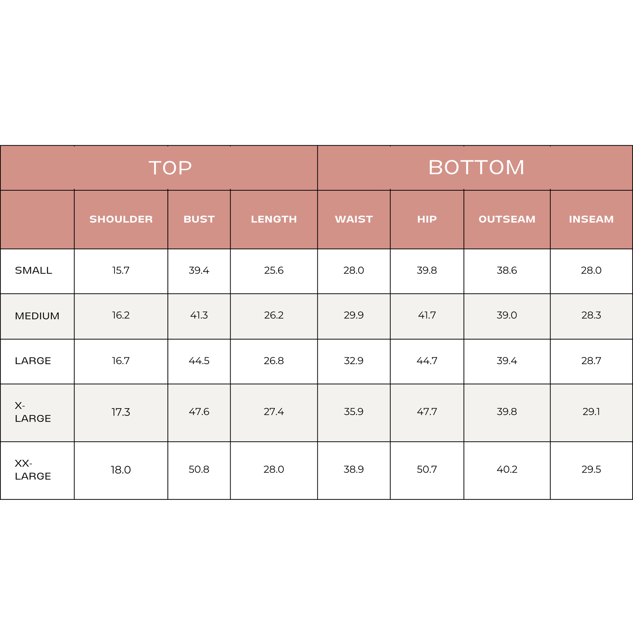 variant::all size chart for short sleeve cropped pajamas.