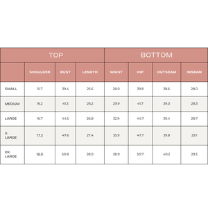 variant::all size chart for short sleeve cropped pajamas.