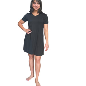 Baby soft black bamboo and spandex moisture wicking night gown that comes just below the knee.