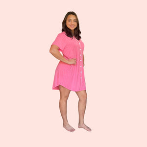 Valentine's Day Gift Nightgown Soft, Bamboo Button Front Nightshirt Hot Pink Gift for Her Gift for Wife