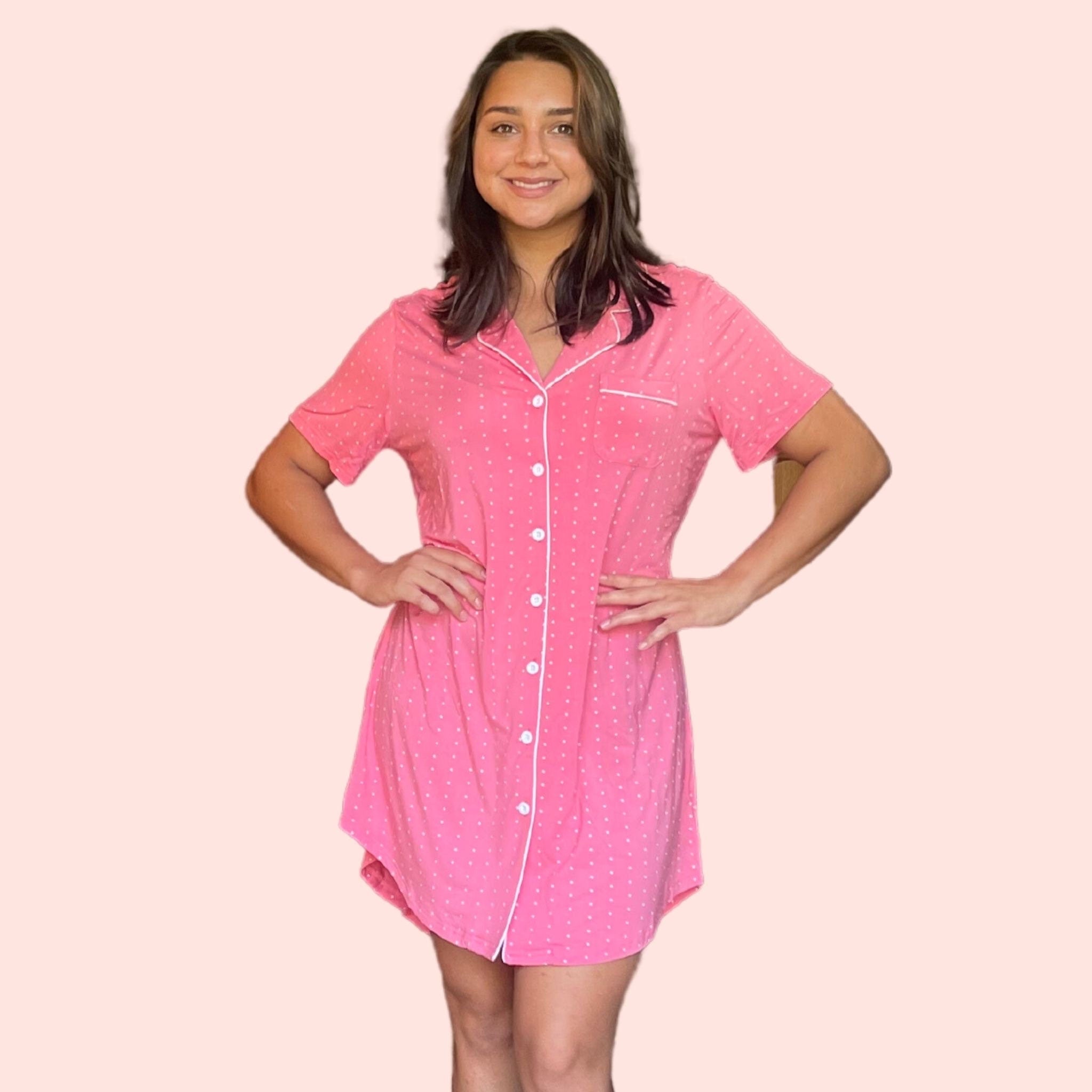 Front view of woman modeling Nightgown Women’s pajamas Bamboo Pajamas for Women Menopause for Night Sweats and Hot Flashes Button Front Nightshirt in Coral Dot with both hands on her hips. FULL FRONT VIEW.