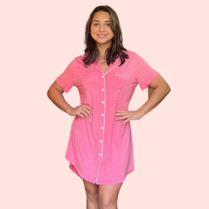 Front view of woman modeling Nightgown Women’s pajamas Bamboo Pajamas for Women Menopause for Night Sweats and Hot Flashes Button Front Nightshirt in Coral Dot with both hands on her hips. FULL FRONT VIEW.