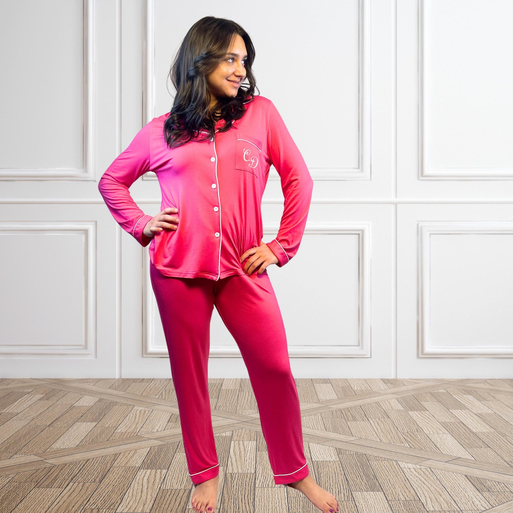Valentine&#39;s Day Fuchsia Long Bamboo Pajamas modeled by a young woman with shoulder-length dark hair.