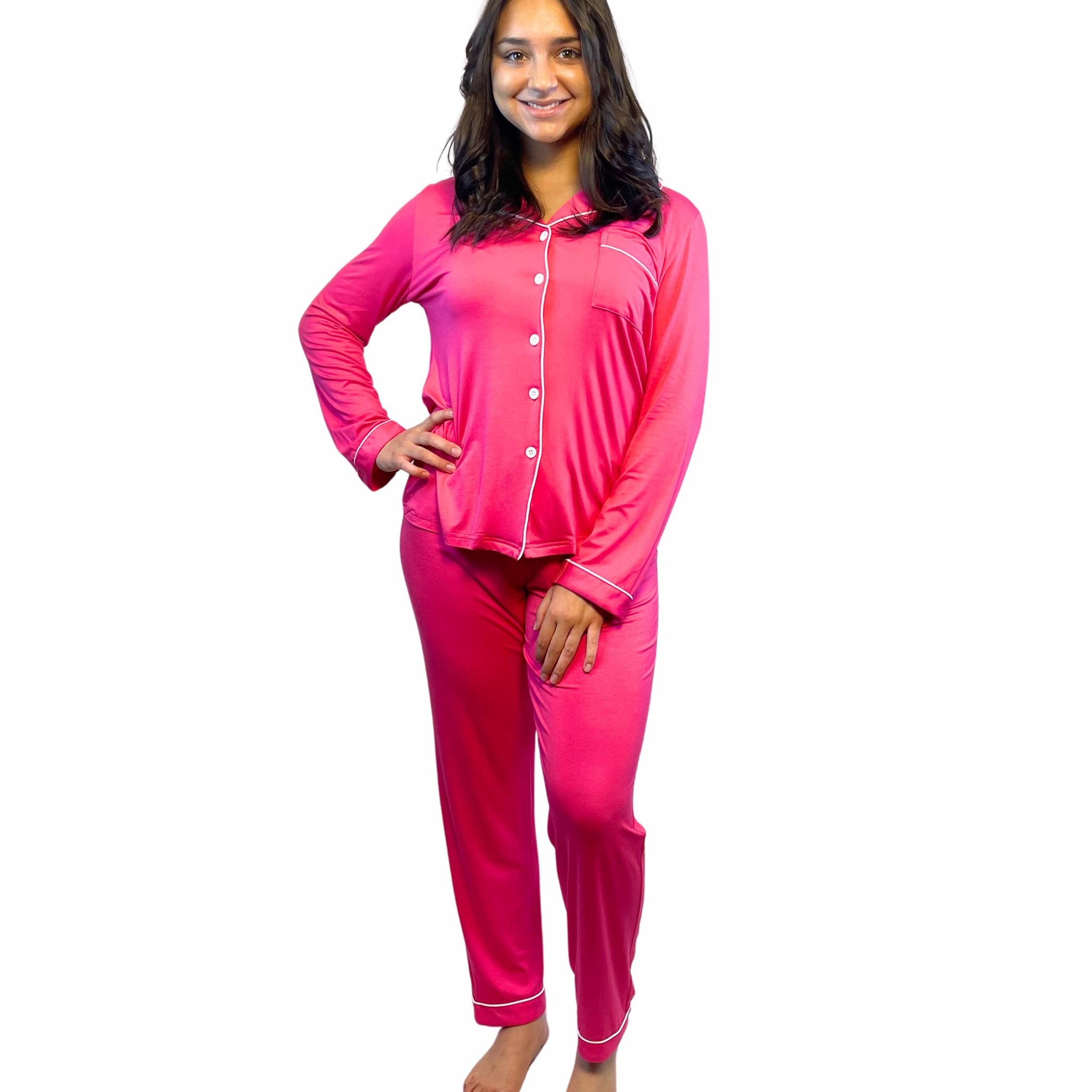 Valentine&#39;s Day Fuchsia Long Bamboo Pajamas modeled by a young woman with shoulder-length dark hair.