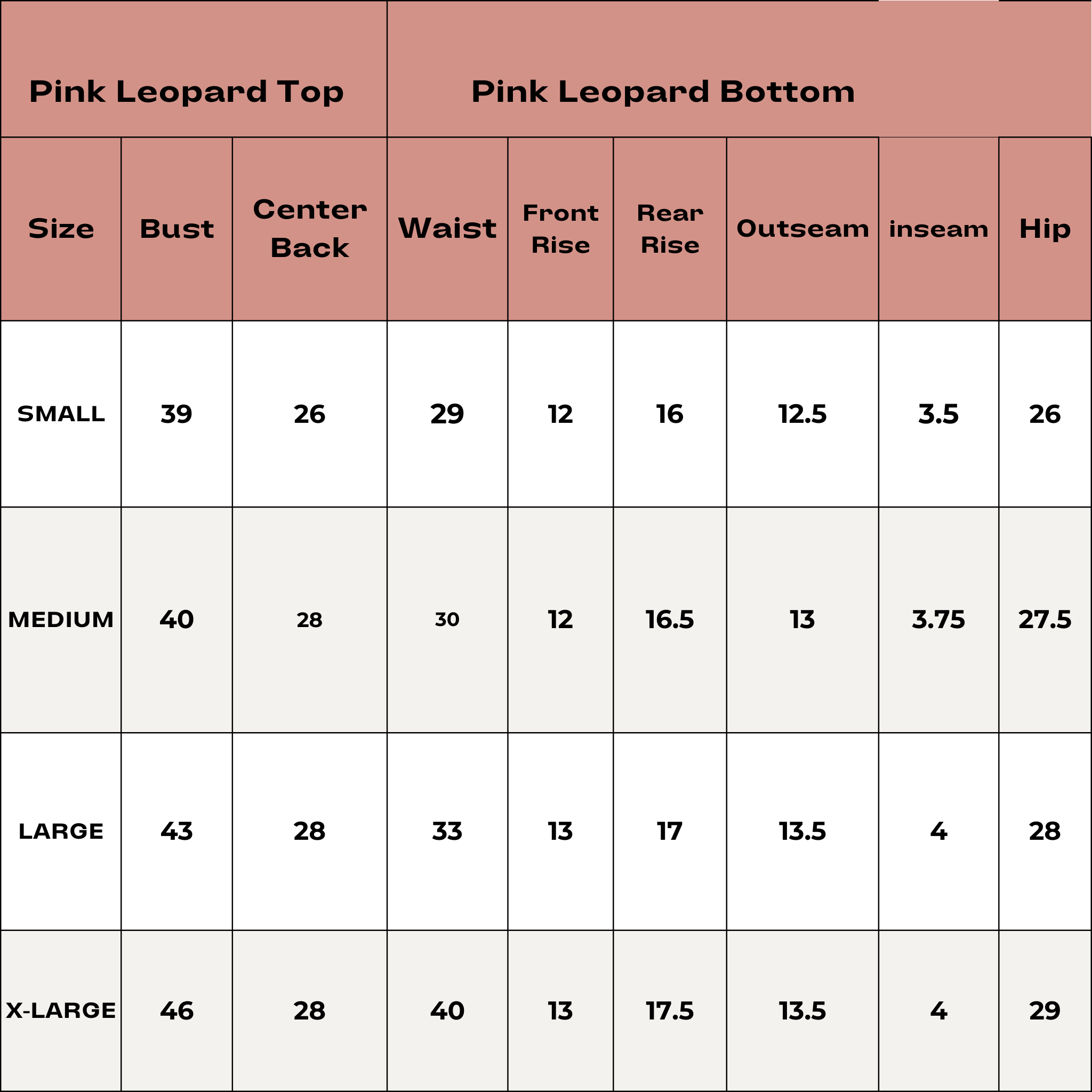 size chart for bamboo pink leopard bamboo short set