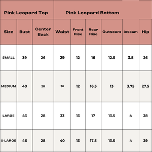 size chart for bamboo pink leopard bamboo short set