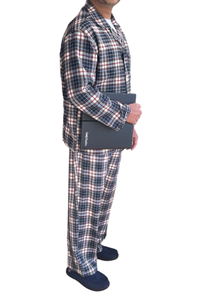 variant::red-white-blue  Men's Cotton/Poly Velcro Adaptive Pajama Set in Red, White and Blue. Adaptive features include Velcro, Magnetic Buttons and a longer fly and removable drawstring. Arthritis clothing pajama set with velcro closure, magnetic buttons, elastic and drawstring waist elderly adaptive warm cotton/poly blend. Great Gifts for elderly Men with Arthritis, Parkinsons Disease, Stroke or other conditions that interfere with manual dexterity.