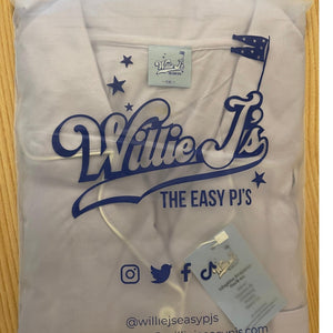 variant::all A image of the adaptive long sleeve bamboo pajama set, folded and packaged neatly in the Willie J's branded bag.