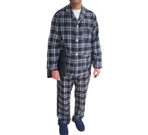 Blue/Tan plaid tall pajamas for men with velcro closure top and magnetic closure on pants. Similar to Buck&Buck and Silverts Adaptive Clothing. Great for Parkinson's Disease and arthritis. 