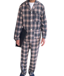 variant::red-white-blue Men's Cotton/Poly Velcro Adaptive Pajama Set in Red, White and Blue. Adaptive features include Velcro, Magnetic Buttons and a longer fly and removable drawstring. Arthritis clothing pajama set with velcro closure, magnetic buttons, elastic and drawstring waist elderly adaptive warm cotton/poly blend. Great Gifts for elderly Men with Arthritis, Parkinsons Disease, Stroke or other conditions that interfere with manual dexterity.