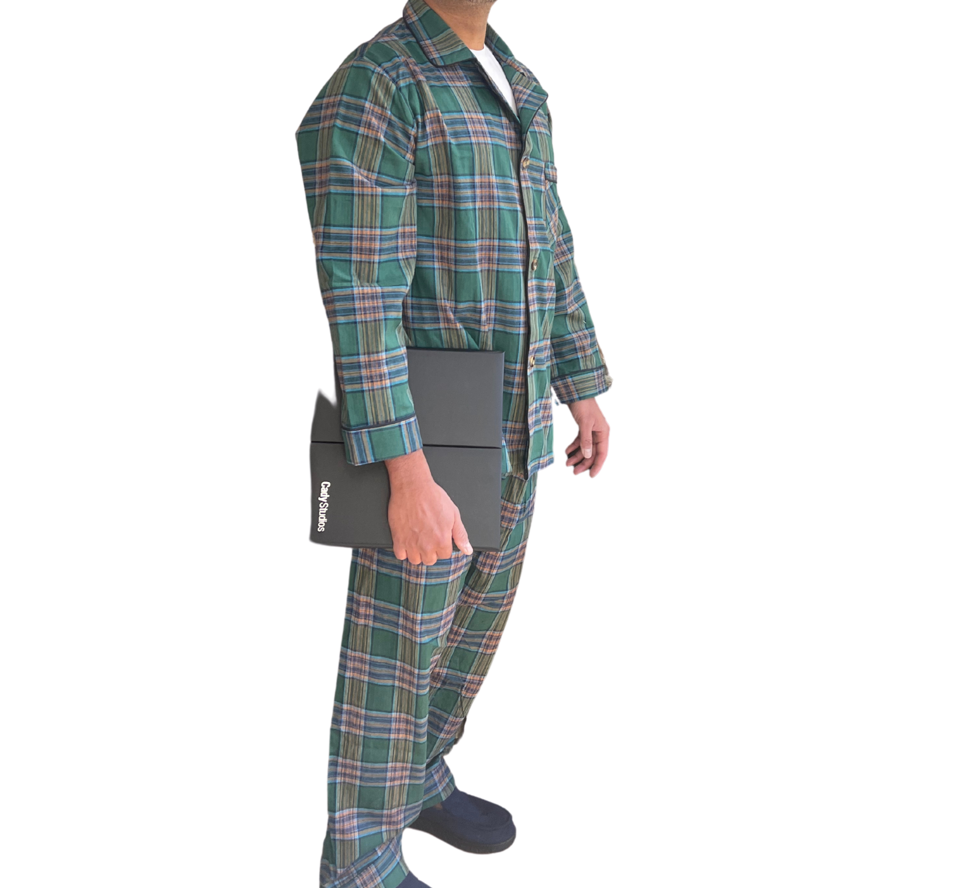 Man in green yarn dyed 100% cotton flannel ADAPTIVE pajamas for the elderly and disabled in regular length. They are great for people with Parkinson's Disease and Arthritis. Similar to Silvert's and Buck&Buck. 