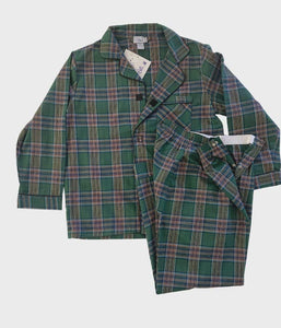 Video showing features of Adaptive Men's Flannel Velcro® Pajamas in green with a chest pocket, navy piping, and an elastic waist and snap fly on the pants.  Buttons are sewn over button holes to give the typical look of pajamas. 
