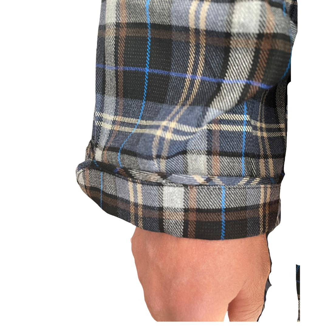 variant::blue-tan Blue/Tan plaid tall pajamas for men with focus on cuff sleeve.Similar to Buck&Buck and Silverts. Great for Parkinson's Disease and arthritis. 