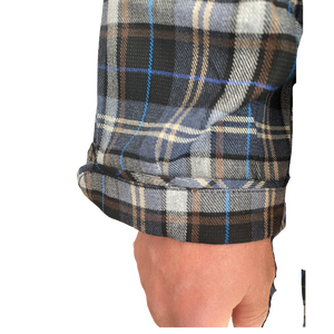 variant::blue-tan Blue/Tan plaid tall pajamas for men with focus on cuff sleeve.Similar to Buck&Buck and Silverts. Great for Parkinson's Disease and arthritis. 