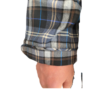 Blue/Tan plaid tall pajamas for men with focus on cuff sleeve.Similar to Buck&Buck and Silverts. Great for Parkinson's Disease and arthritis. 