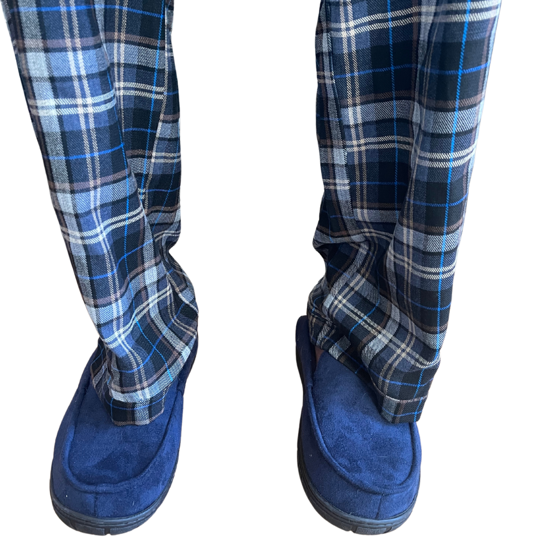 variant::blue-tan Blue/Tan plaid tall pajamas for men with focus on cuff at bottom.Similar to Buck&Buck and Silverts. Great for Parkinson's Disease and arthritis. 