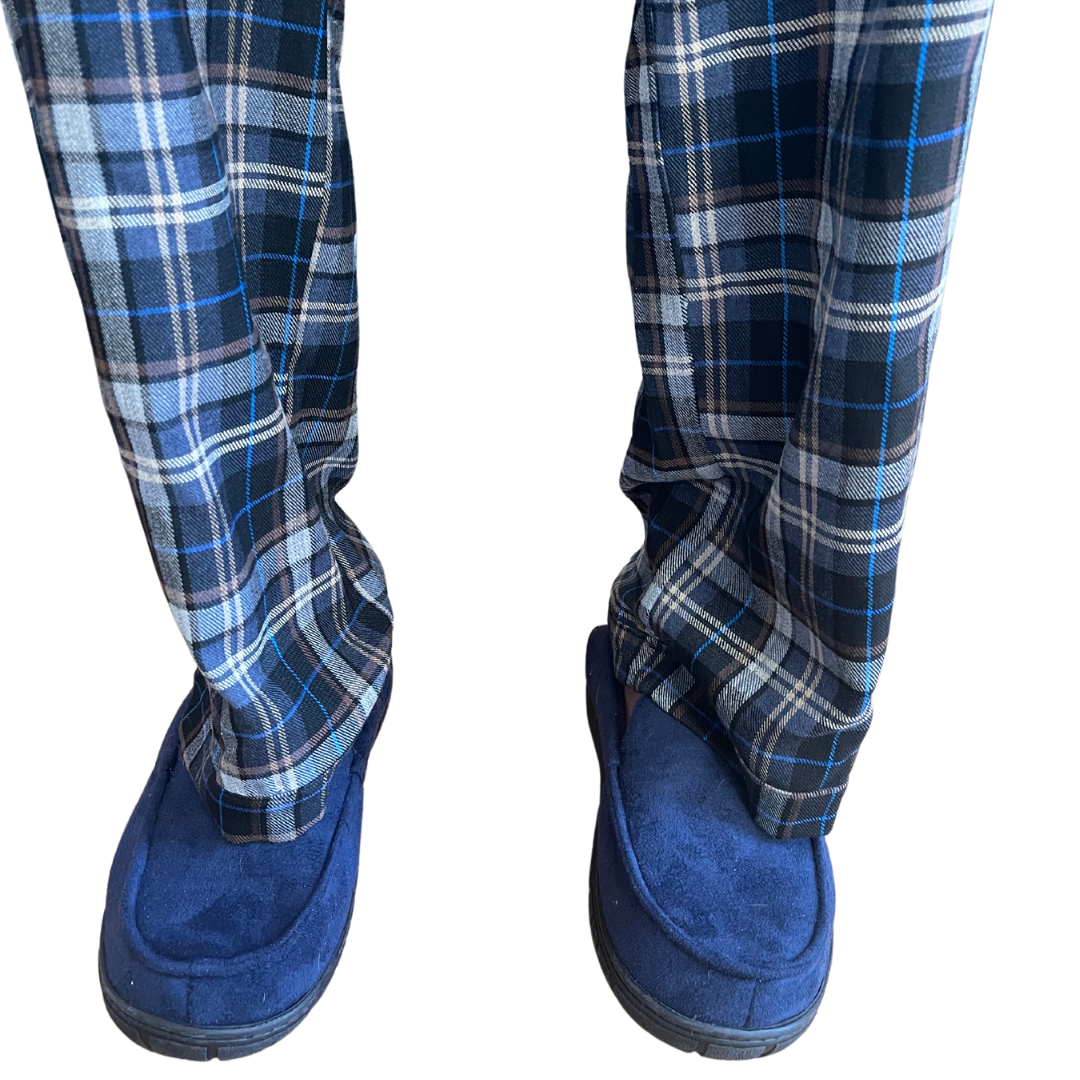 Blue/Tan plaid tall pajamas for men with focus on cuff at bottom.Similar to Buck&Buck and Silverts. Great for Parkinson's Disease and arthritis. 