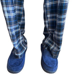 variant::blue-tan Blue/Tan plaid tall pajamas for men with focus on cuff at bottom.Similar to Buck&Buck and Silverts. Great for Parkinson's Disease and arthritis. 